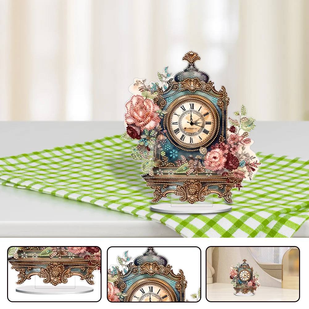 DIY Vintage Flowers Acrylic Special Shaped 5D Diamond Painting Clock Art Craft