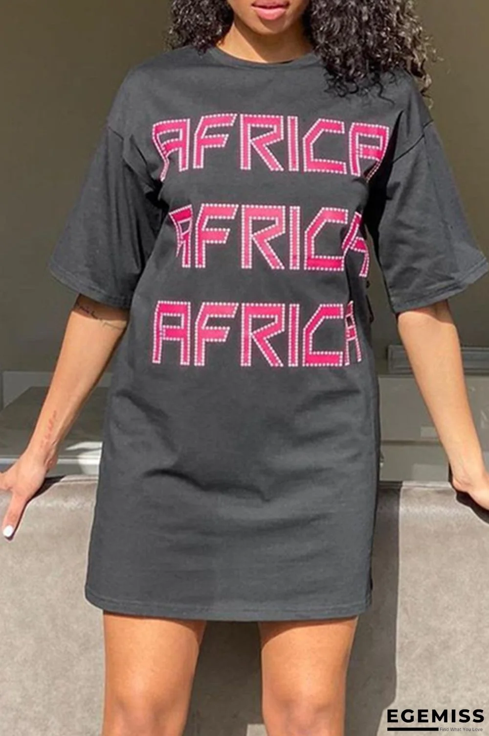 Black Fashion Casual Letter Print Basic O Neck T-shirt Dress | EGEMISS