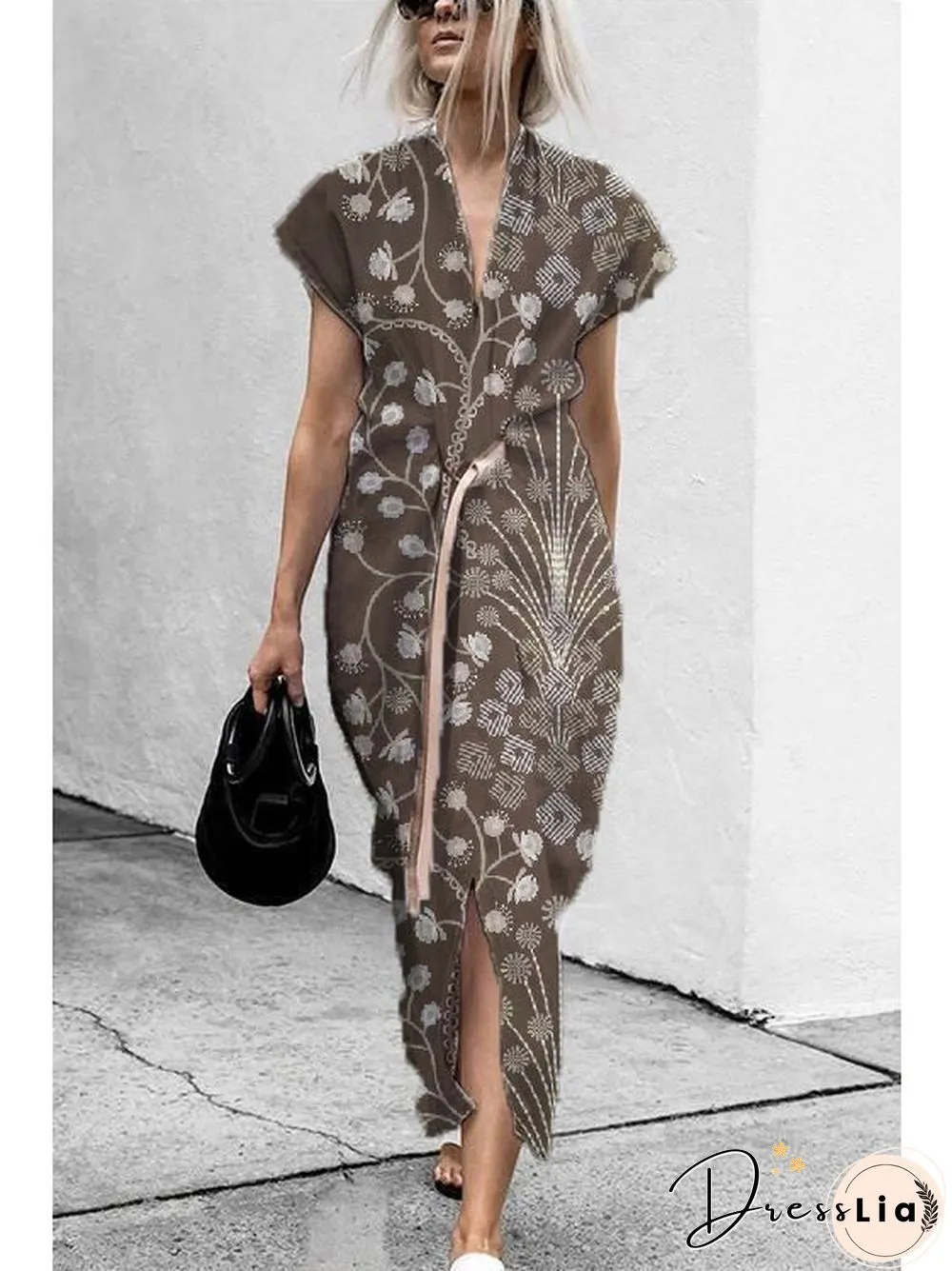 Printed Cotton and Linen Elegant Bandage Shirt Dress S-5XL