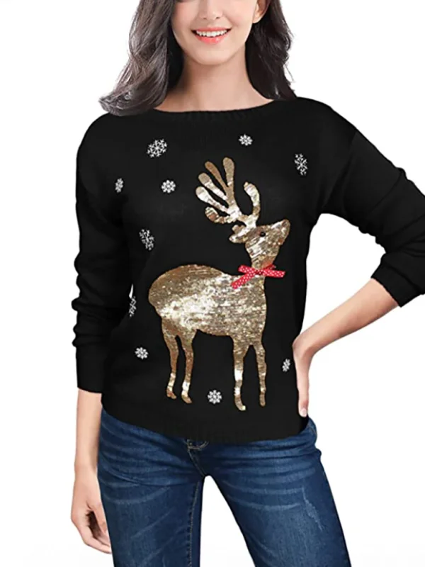 Women's Christmas Crew Neck Long Sleeve Sweater Flusfy
