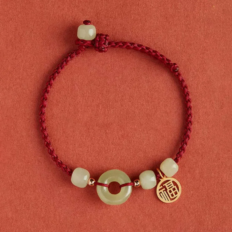Round Peace Buckle Jade Lotus Happiness Abundance Wealth String Bracelet