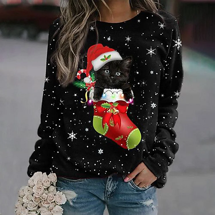 Christmas Cat Print Long Sleeve Casual Sweatshirt