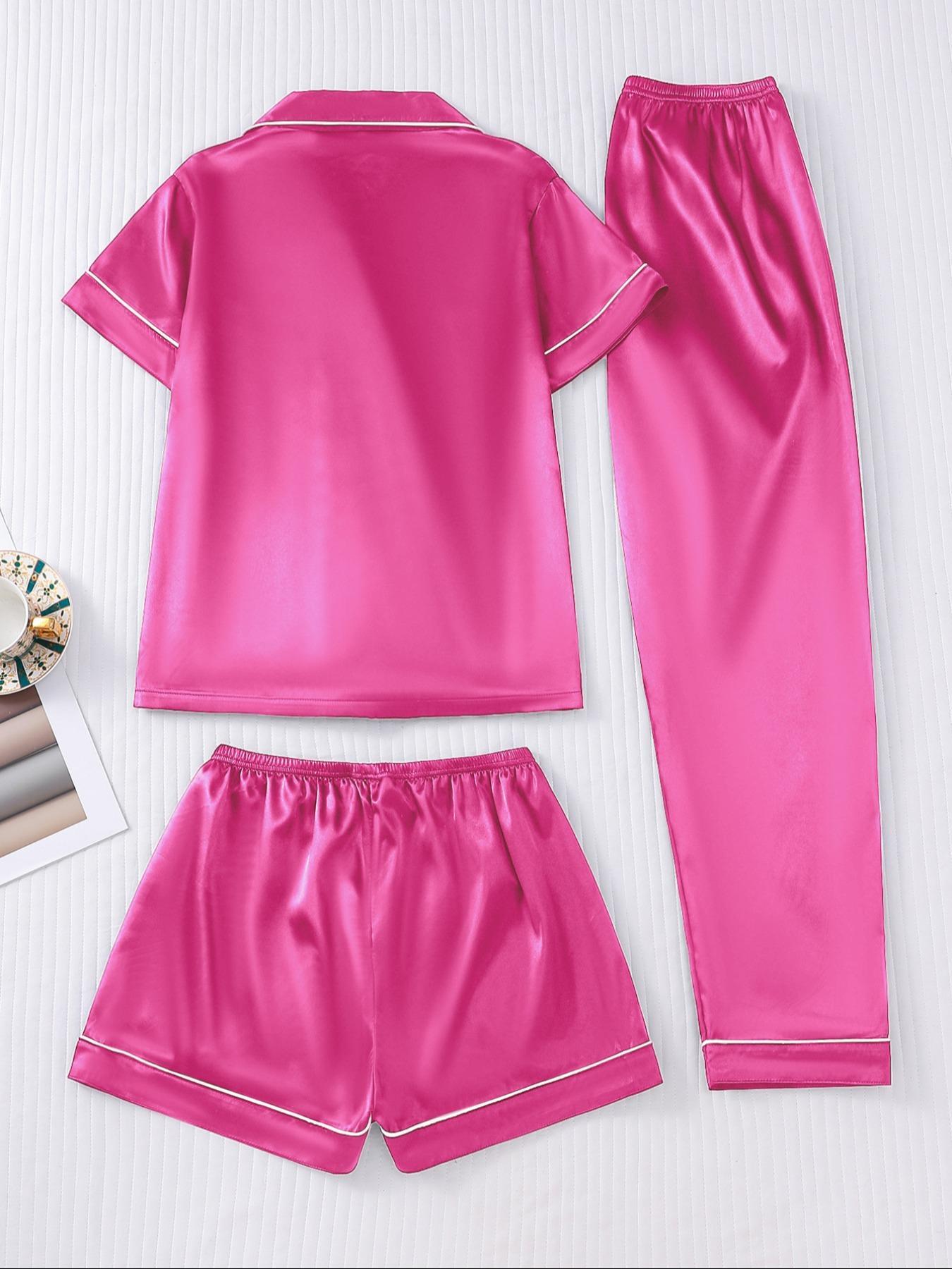 Women's Solid Satin Pyjama Three-piece Set, Elegant Comfy Short Sleeve Lapel Neck Button Up Top & Shorts & Pants PJ Set, Ladies Sleepwear for All Seasons