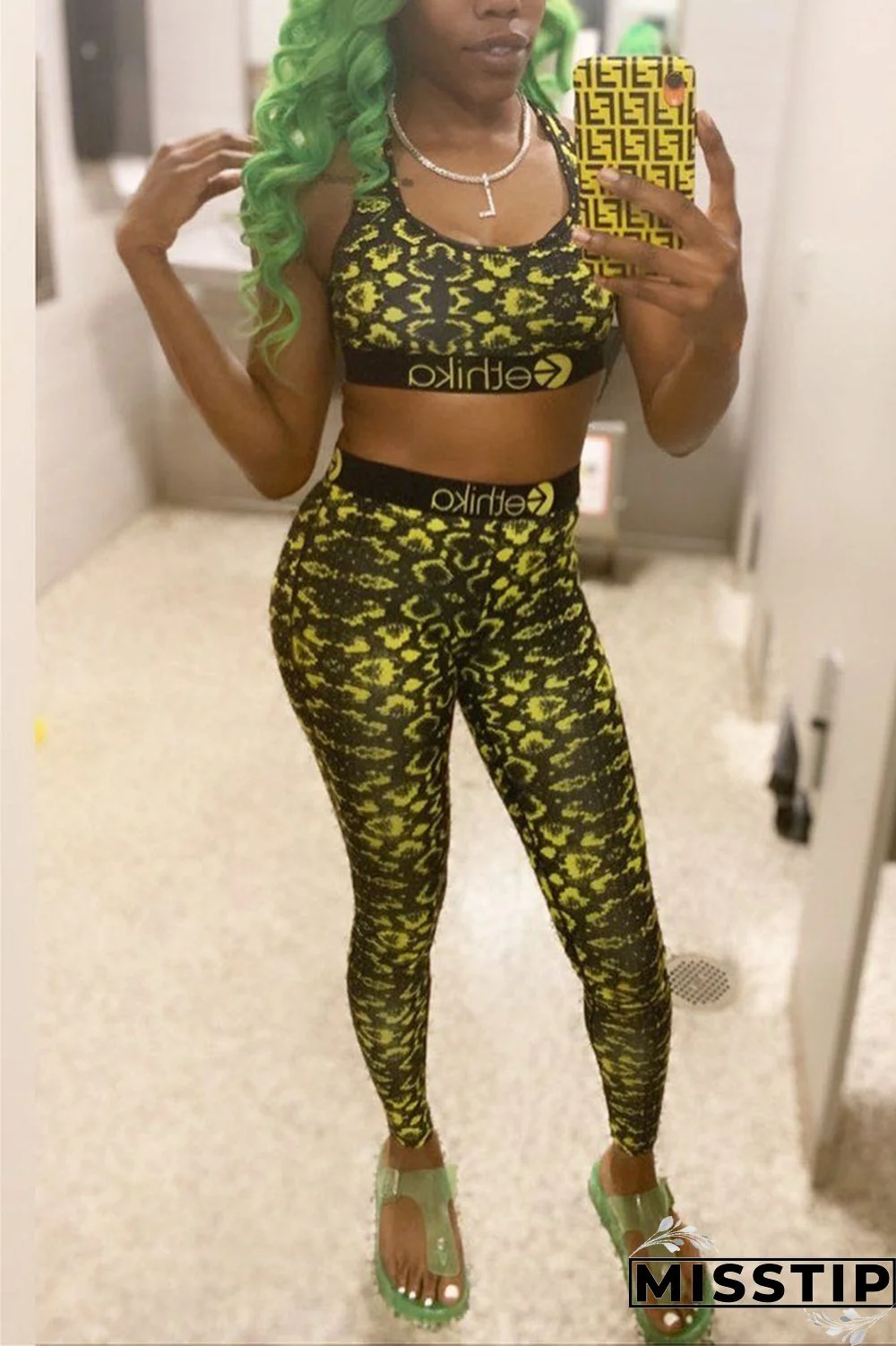 Yellow Fashion Sexy Printed Vest Trousers Set