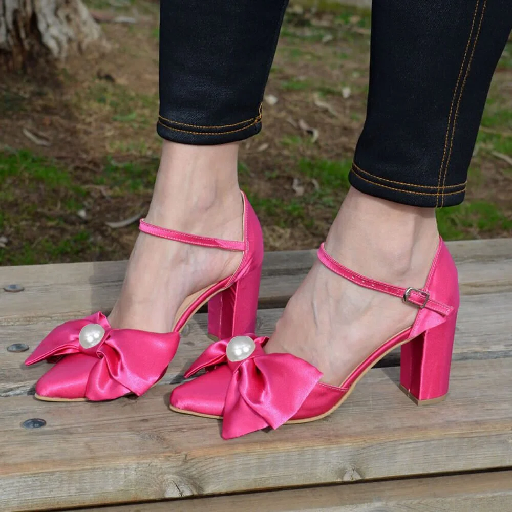 Pink Pointed Toe Pumps Satin Bow Pumps Chunky Heel Ankle Strap Pumps Nicepairs