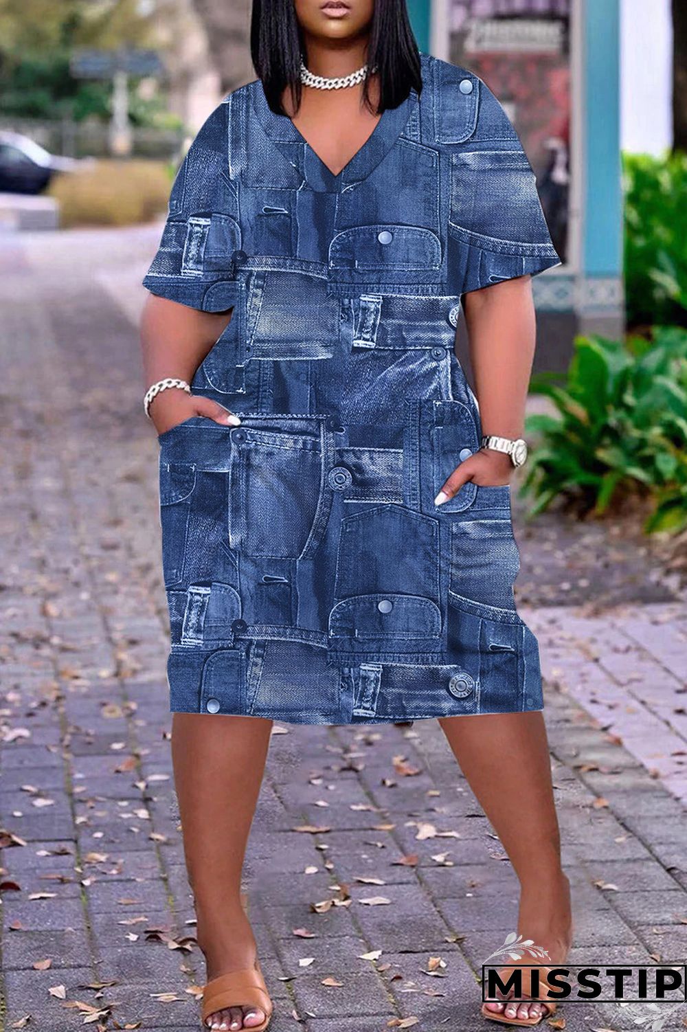 Navy Blue Casual Print Patchwork V Neck Short Sleeve Dress