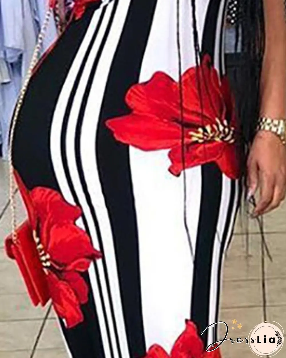 Sexy Floral Print Striped Bodycon Maxi Dress