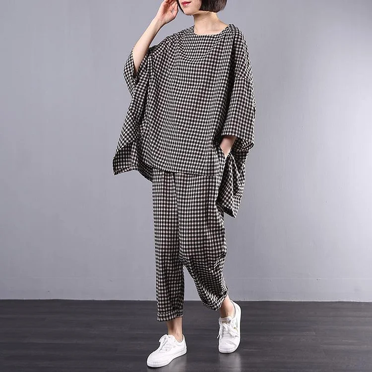 New Korean Version Of Large Size Retro Black Cotton And Linen Lattice Suit Two-piece Age Reduction ( Limited Stock)