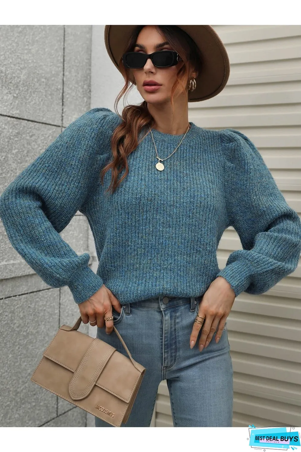 Heathered Long Lantern Sleeve Rib-Knit Sweater