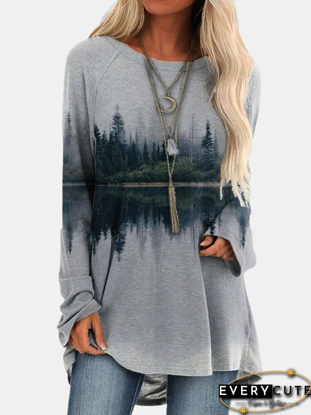 Landscape Printed Long Sleeve O-neck Asymmetrical T-shirt For Women