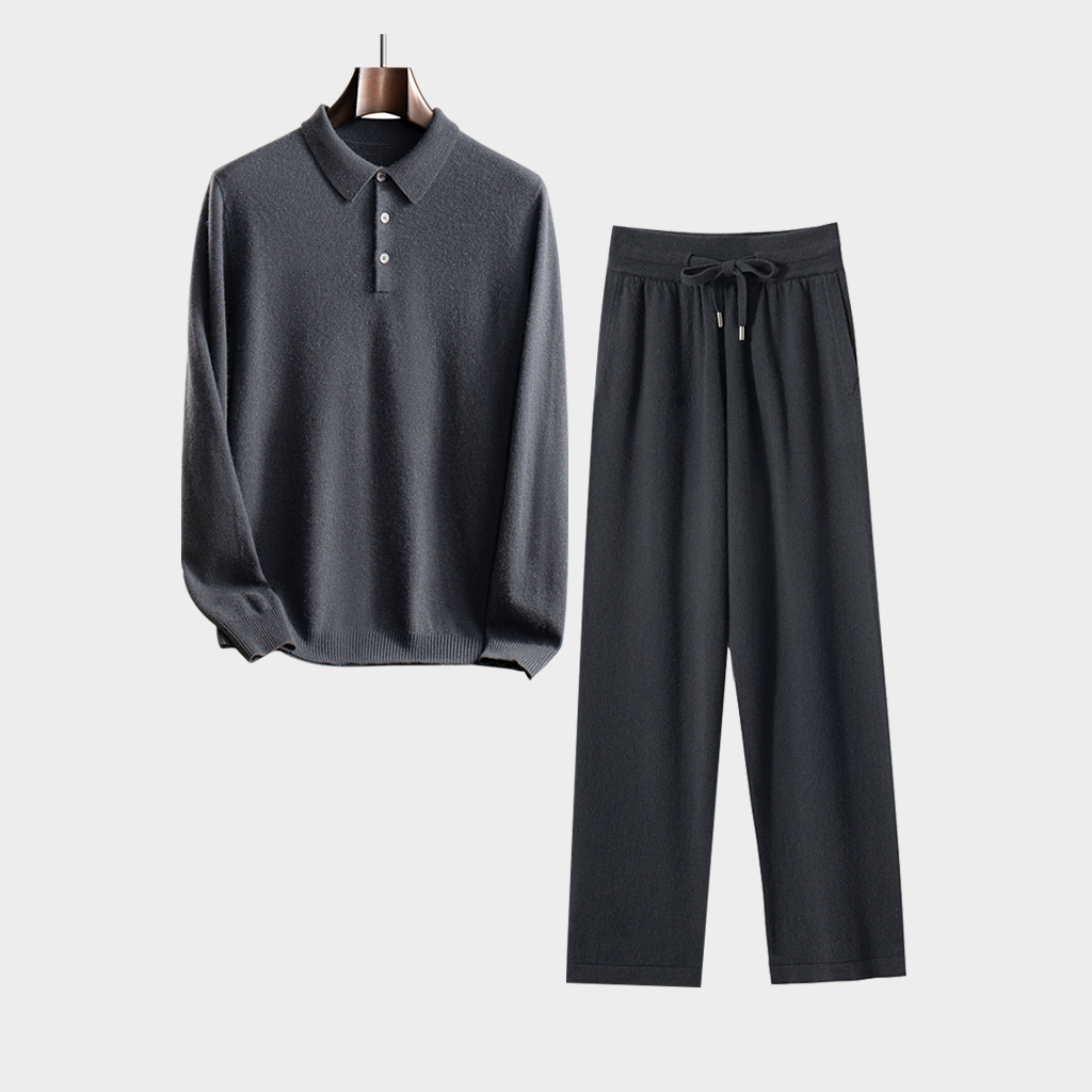 Men's Grey Polo-Style Cashmere Sweater and Pants Set | Casual Outfit REAL SILK LIFE
