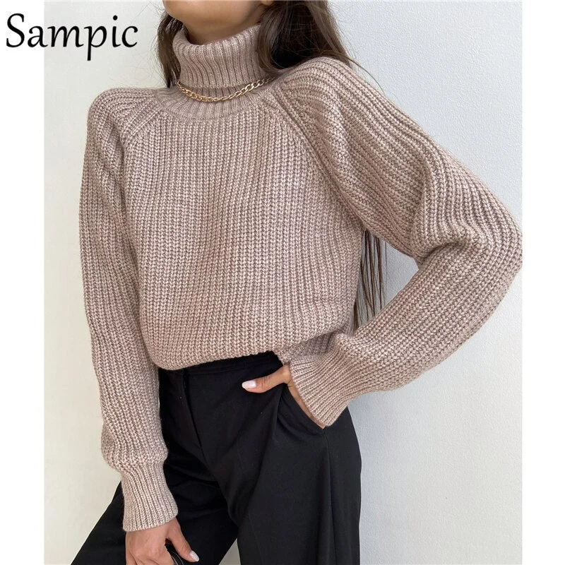 Sampic Casual Women Knitted Khaki Long Sleeve Pullovers Cropped Sweater Turtleneck Pink Oversized Sweater Tops Winter 2020
