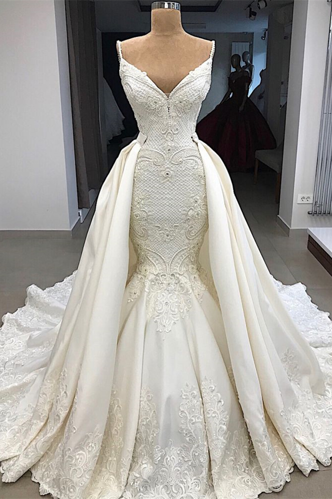 Oknass Spaghetti-Strap Detachable Skirt Applique Mermaid Wedding Dress With Ruffles