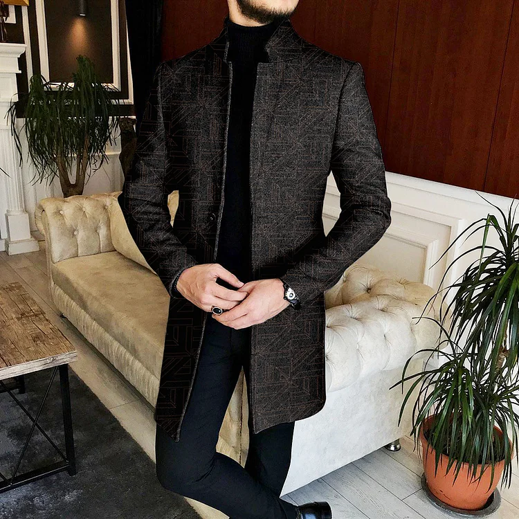 BrosWear Men's Vintage Dark Pattern Mid Length Stand Up Collar Tweed Coat