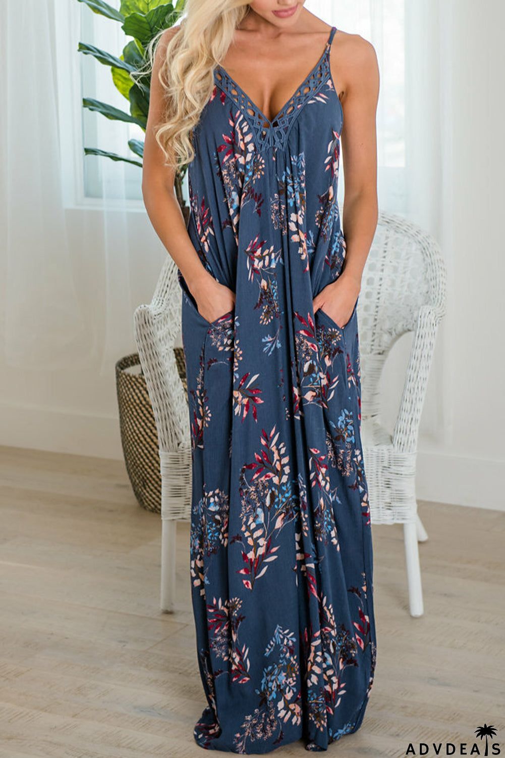 Crochet V Neck Sleeveless Floral Print Pockets Maxi Dress