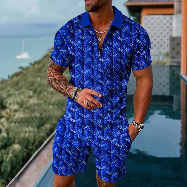 Men's Blue Geometrical Printed Polo Suit