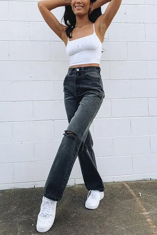 Black Borken Hole Straight Leg Jeans