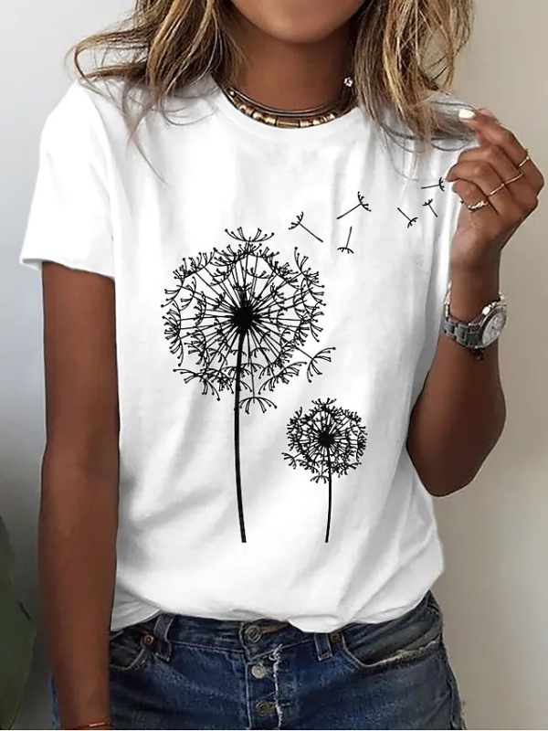 Mature Women Fashion Top Casual Dandelion Print Knit T-Shirt