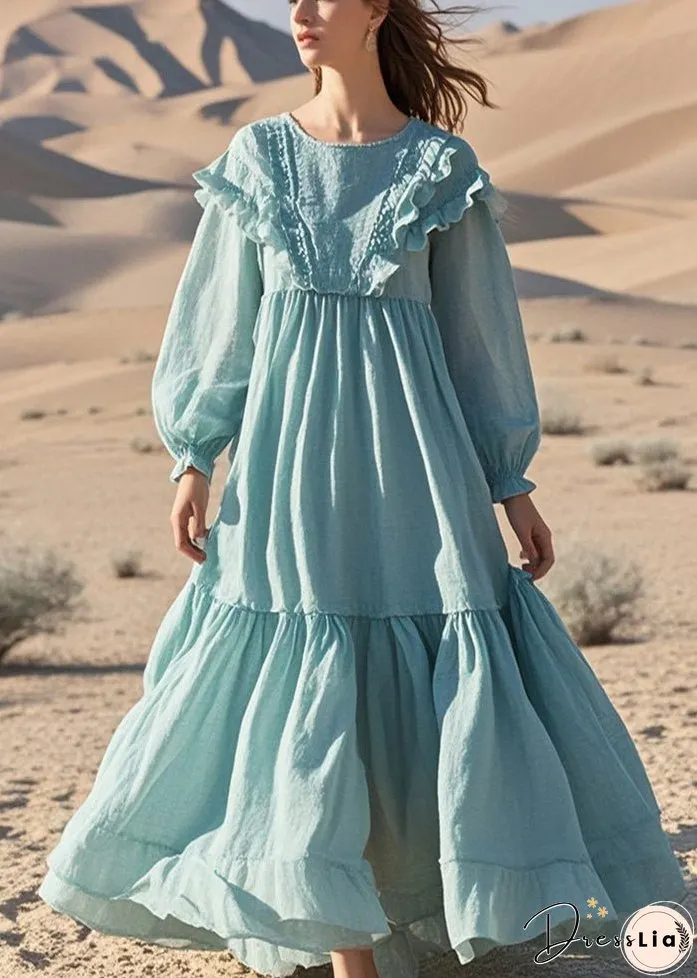 French Sky Blue Ruffled Exra Large Hem Cotton Maxi Dresses Fall