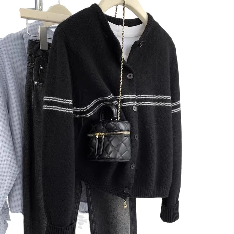 Athvotar Athvotar Striped Wool Knitted Cardigan Women's Autumn Coat 2025 New Spliced Sweater Jacket Bottom Shirt Tide