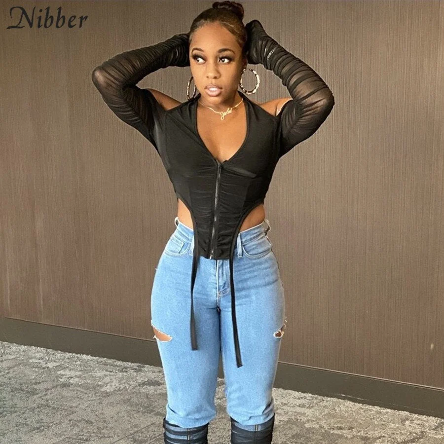Nibber Sexy Halter Irregular Croped Stacked Crop Top Women Casual Patchwork Mesh Street Tshirt Fall Backless Zipper Club Clother