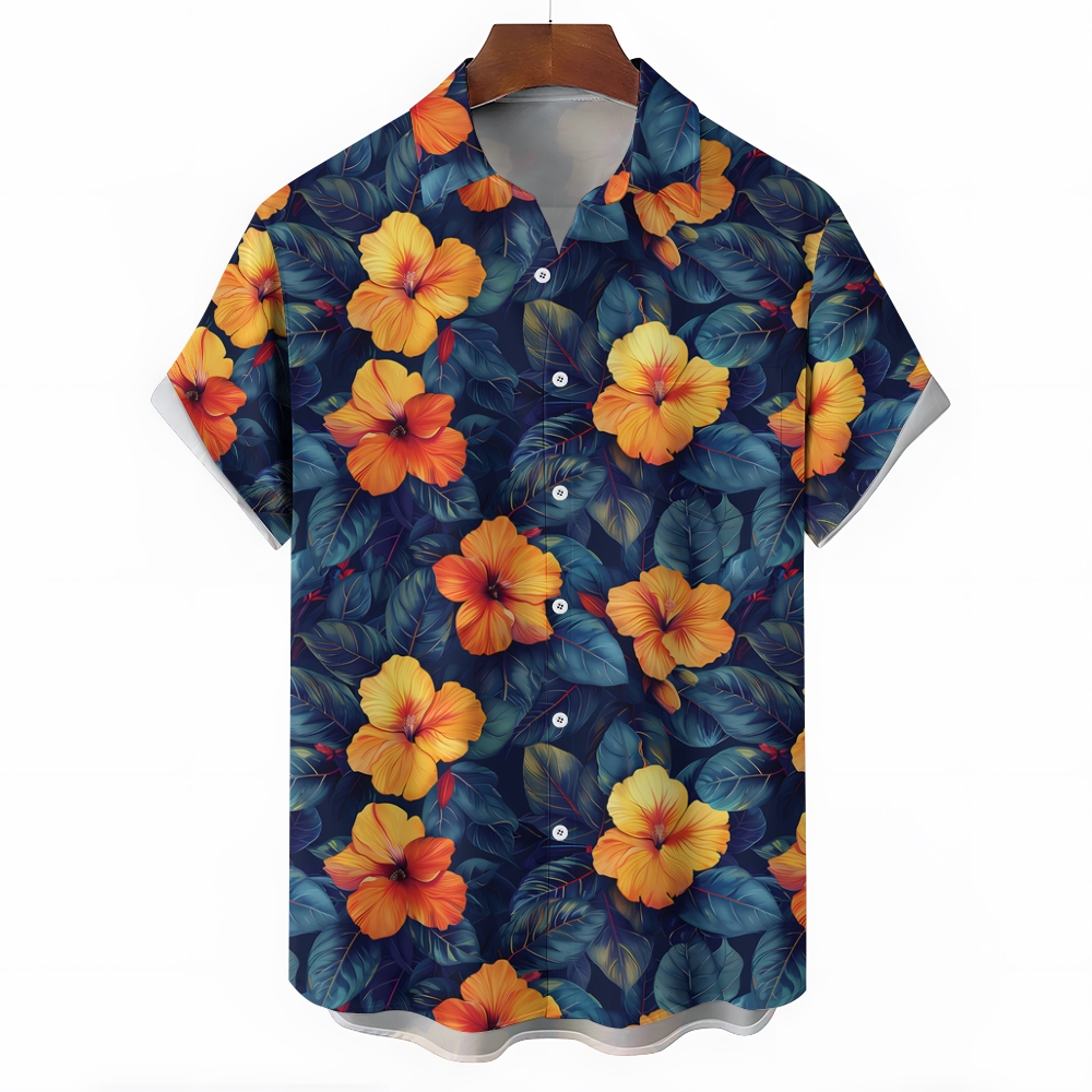 Tropical Flower & Green Leaf Hawaiian Shirt