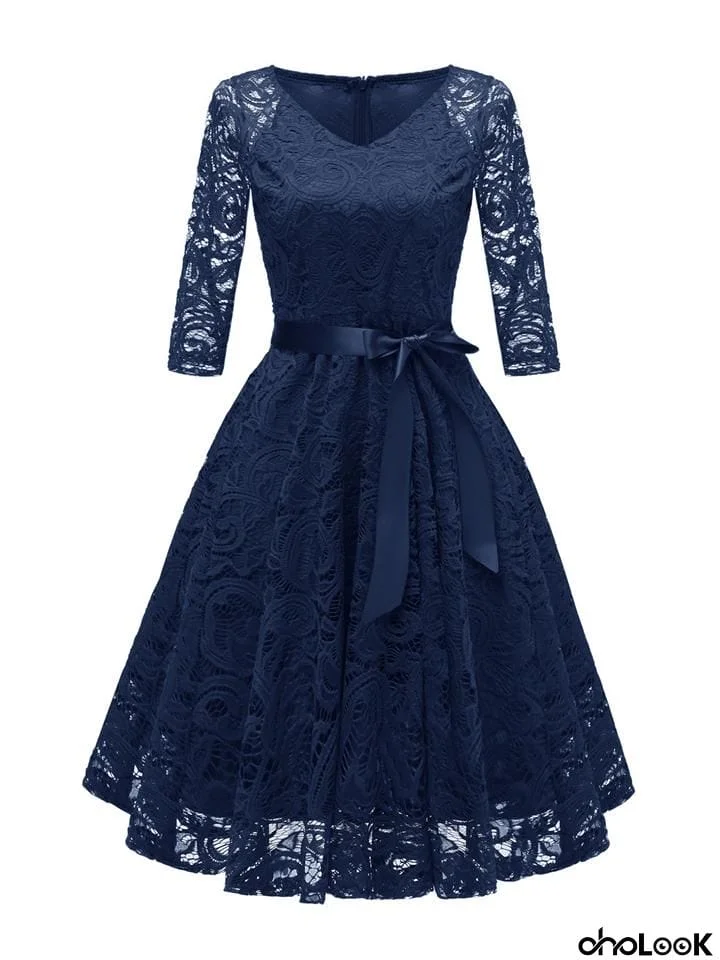 Elegant 3/4 Sleeve 1950s Lace Floral Midi Spring Dress