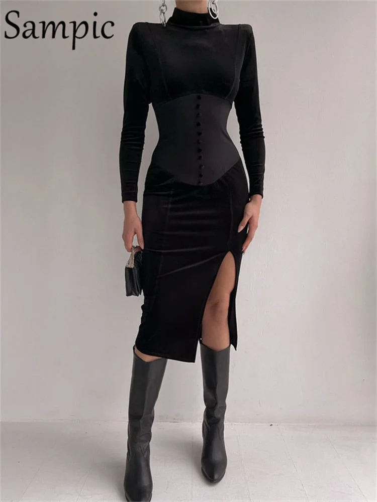 Sampic Turtleneck Velvet Winter Corset Dress For Women Sexy Club 2022 Black Party Bodycon Midi Fashion Long Sleeve Dresses