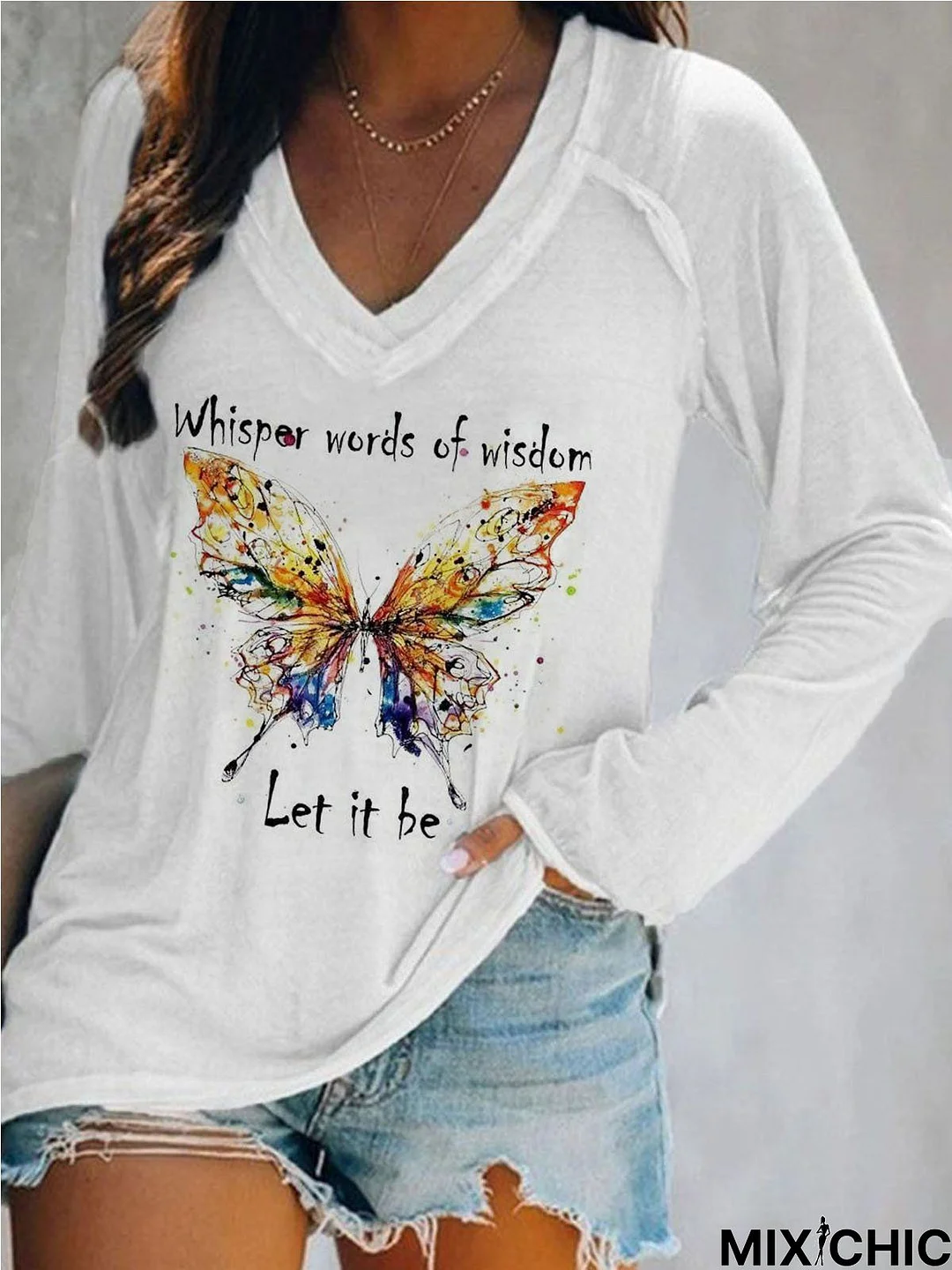 Casual Butterfly V-neck Long Sleeve Tunic T-Shirt