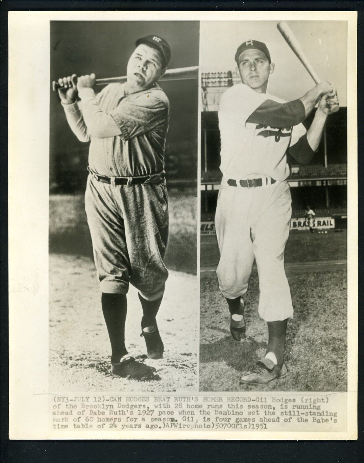 Babe Ruth & Gil Hodges Home Run record 1951 Press Photo Poster painting Brooklyn Dodgers