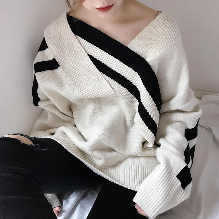 White/Black/Beige Off-Shoulder Cross Sweater SP14159