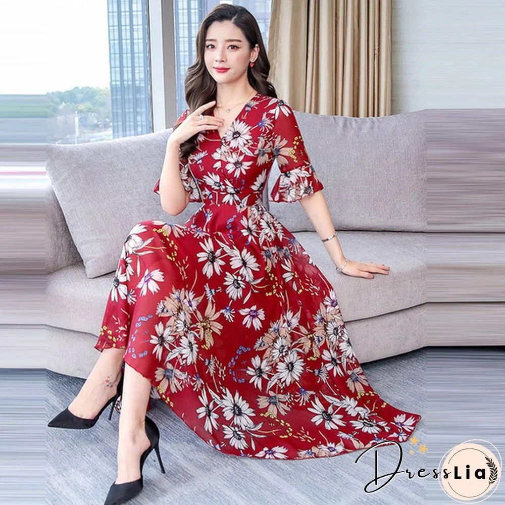 Fashion Floral Print Slim A-Line Dress Elegant Ladies Long Dress Women V-Neck Short Sleeve Chiffon Party Dresses