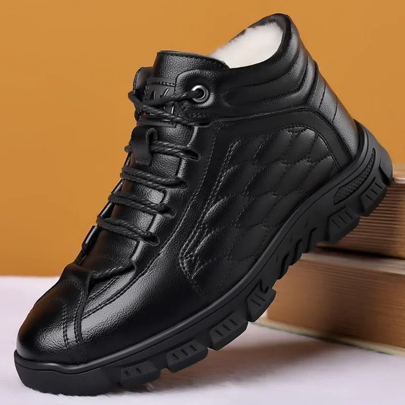 Geswet shoes for mens dress Winter Leather Platform Plus Velvet Boots for Men Fashion Soft-soled Casual Men's Ankle Boots Luxury Designer Board Shoes2025