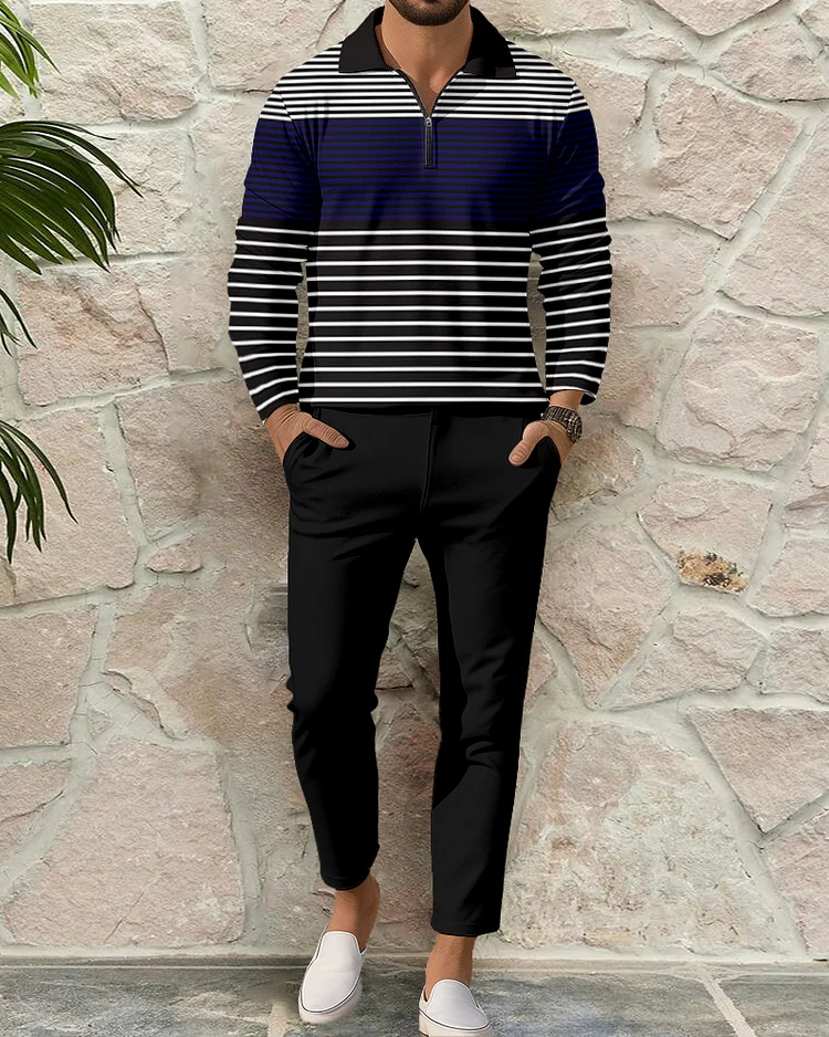 Men's Casual Colorblock Personalized Long Sleeve Polo Shirt Set 148