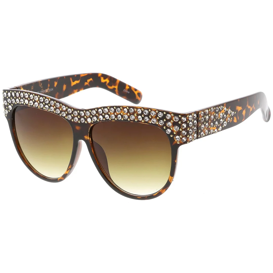 Handcrafted Rhinestone Stud Embellished Oversize glasses Round Flat Lens 57mm