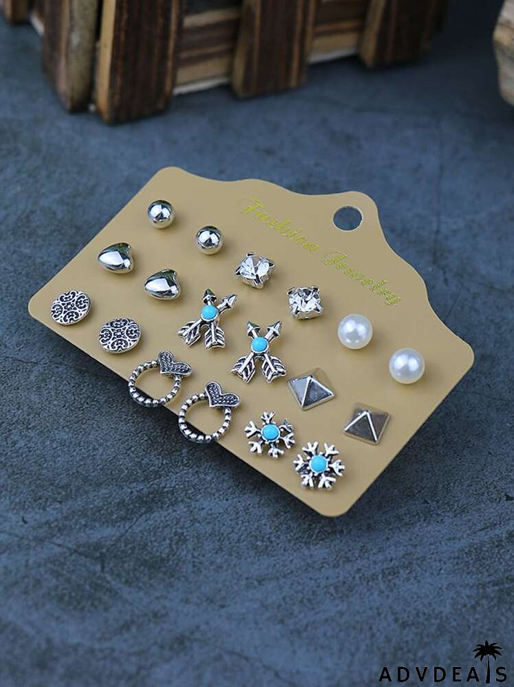 9pairs Rhinestone Detail Earrings
