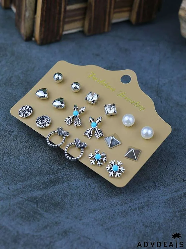 9pairs Rhinestone Detail Earrings