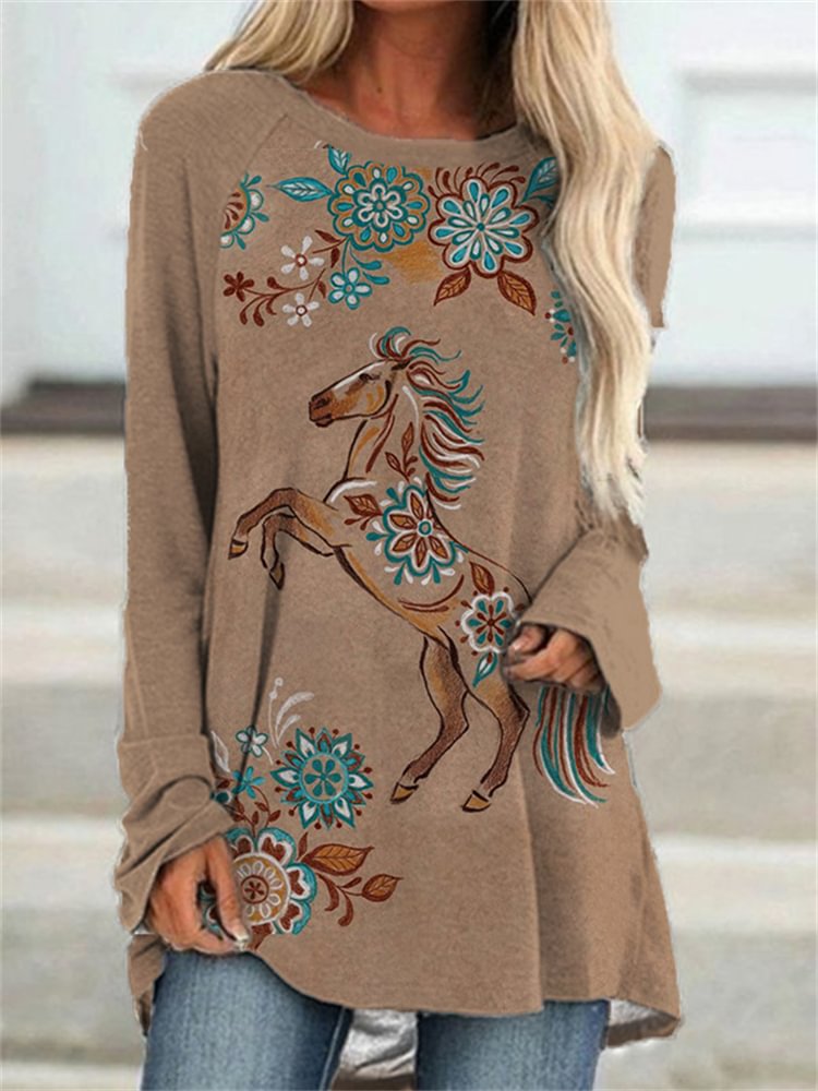 Vefave Horse Lover Turquoise Floral A Line T Shirt