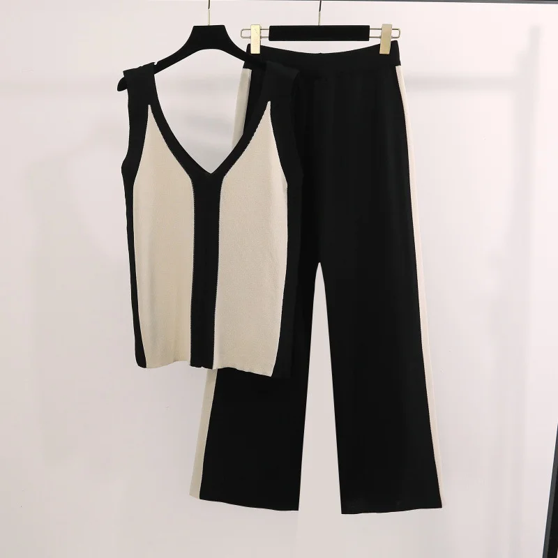 Uveng Uveng Color Before And After The V-Neck Vest Knitted Fork Tops Knitted Knitted Two-Piece Trousers Knitted Two-Piece