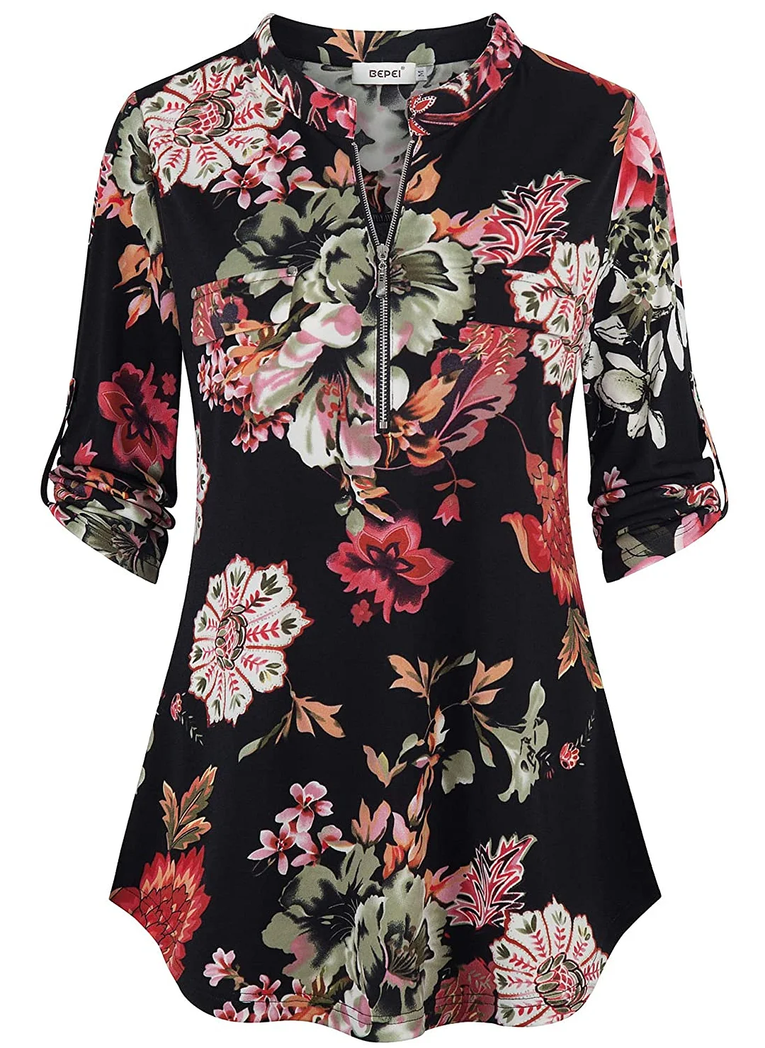 Womens Floral 3/4 Sleeve Shirts Zip up V Neck Work Chiffon Blouses Top