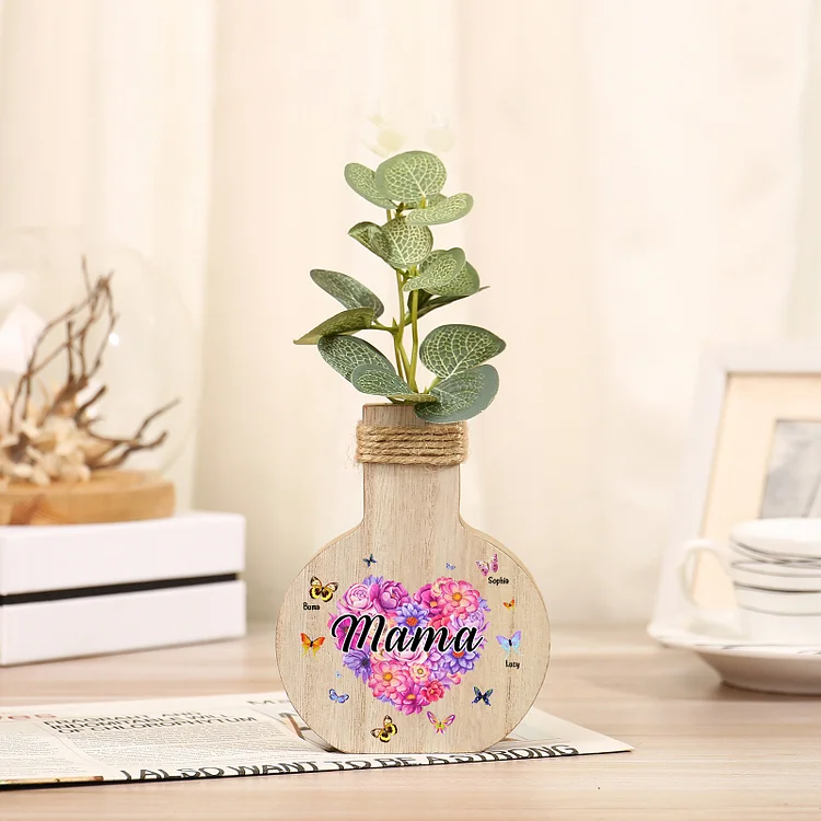 Kettenmachen Holz Personalisierter 3 Namen & Text Blumen Herz Vase
