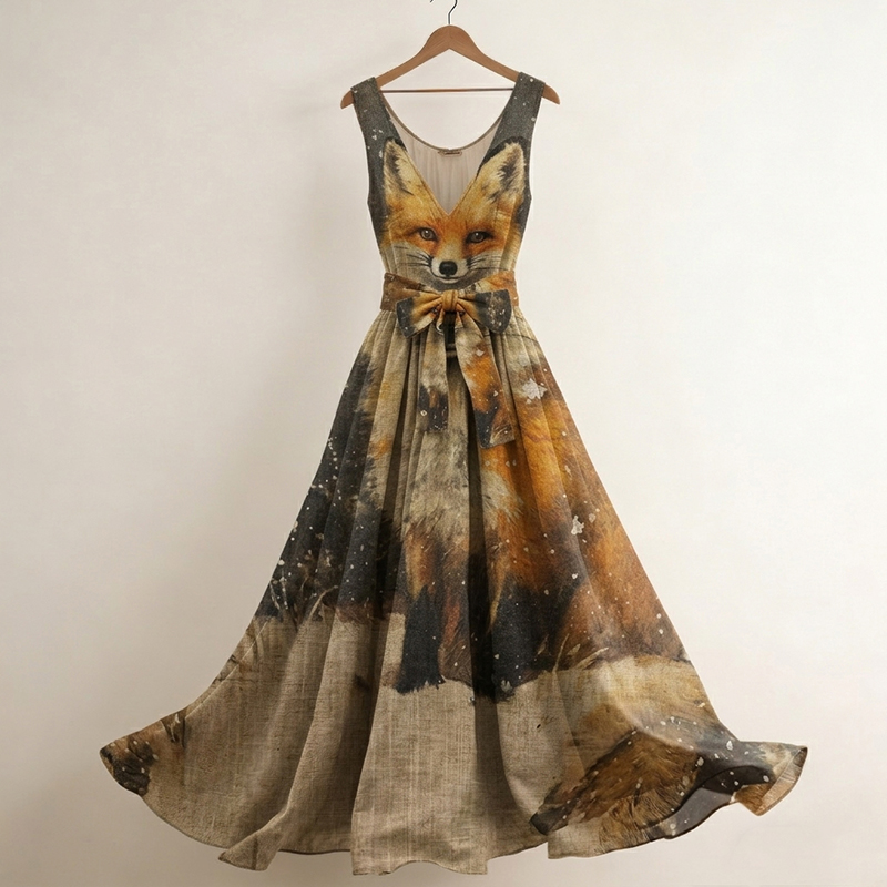 Women's Retro Fox Floral Print Casual Sleeveless Dress wearshes