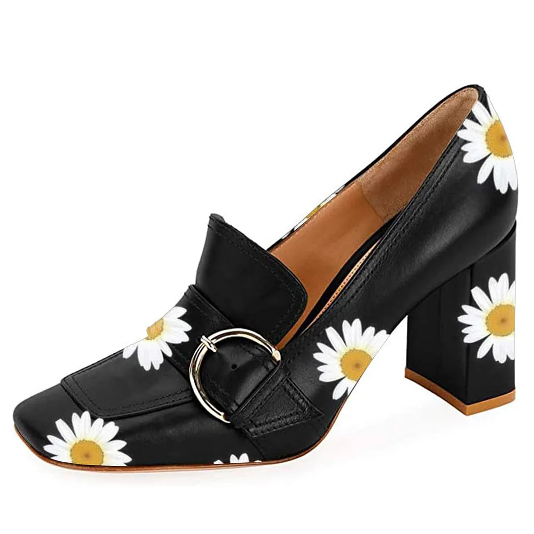 Black Square Toe Daisy Print Chunky Heel Buckle Loafer Shoes Women