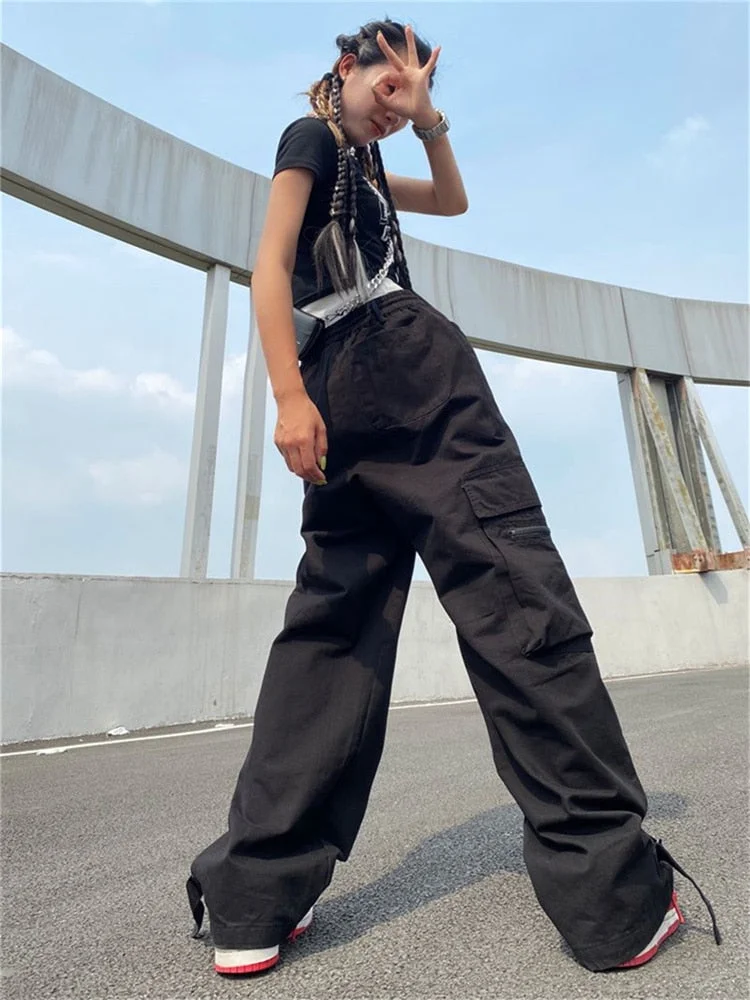 Hip Hop Solid Color Elastic Waist Wide Leg Trousers