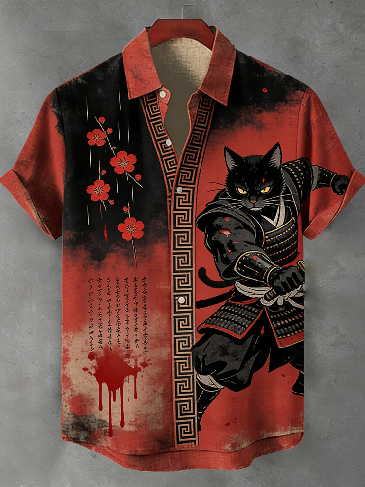 Comstylish Japanese Samurai Cat And Plum Blossom Tie-dye Cotton Linen Short Sleeve Shirt