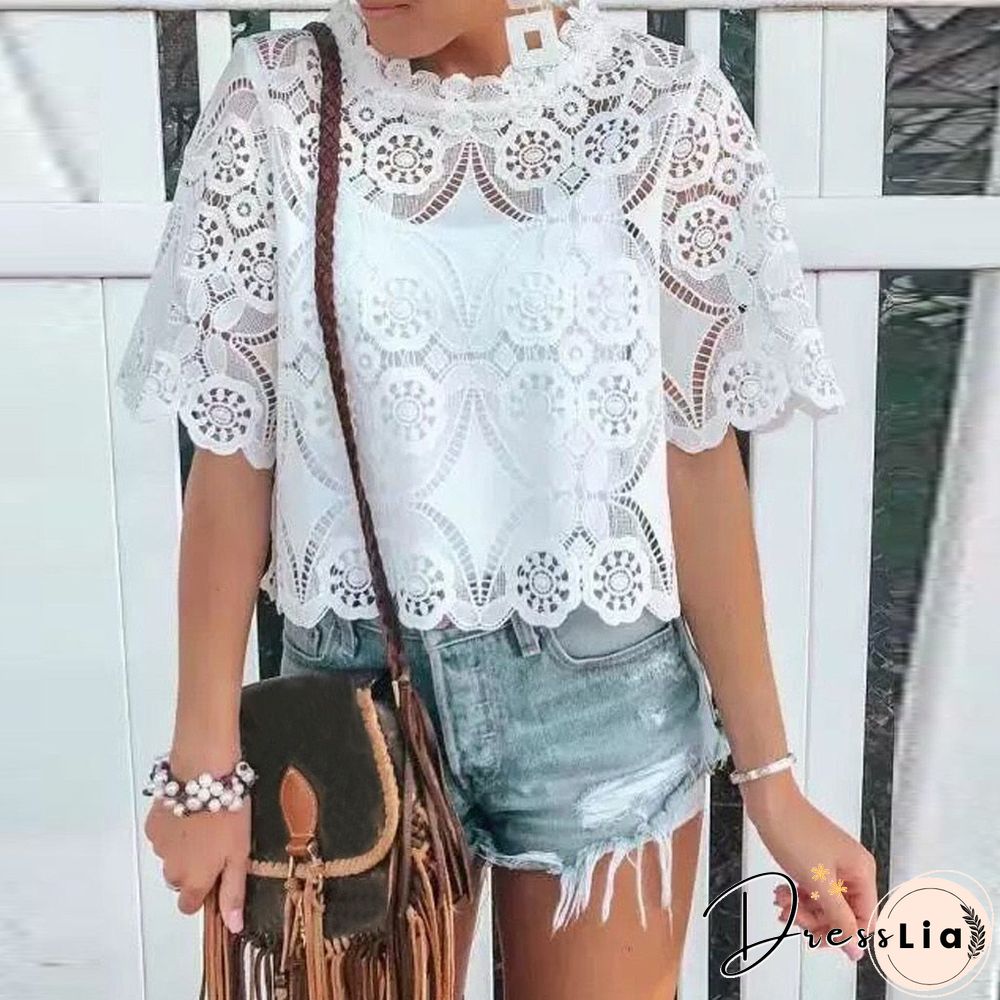 O-Neck White Womens Blouse Vintage Hollow Out Flower Female Ladies Tops Casual Lace Short Sleeve Blouse Shirts Blusas Mujer #3