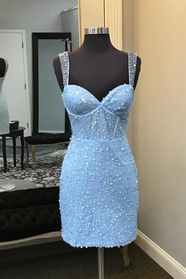 Ovlias Baby Blue Spaghetti Strap V-Neck Homecoming Dress with Sequins CH0013