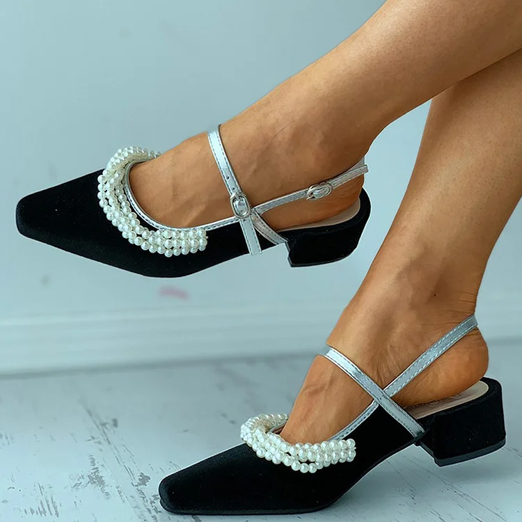 Black Square Toe Straps Pumps Pearl Shoes Women's Block Heels |FSJ Shoes