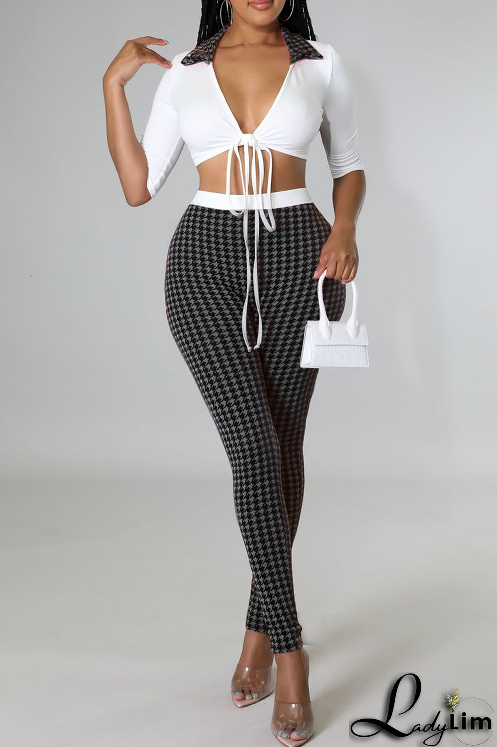 Black Sexy Print Bandage Split Joint V Neck Half Sleeve Two Pieces