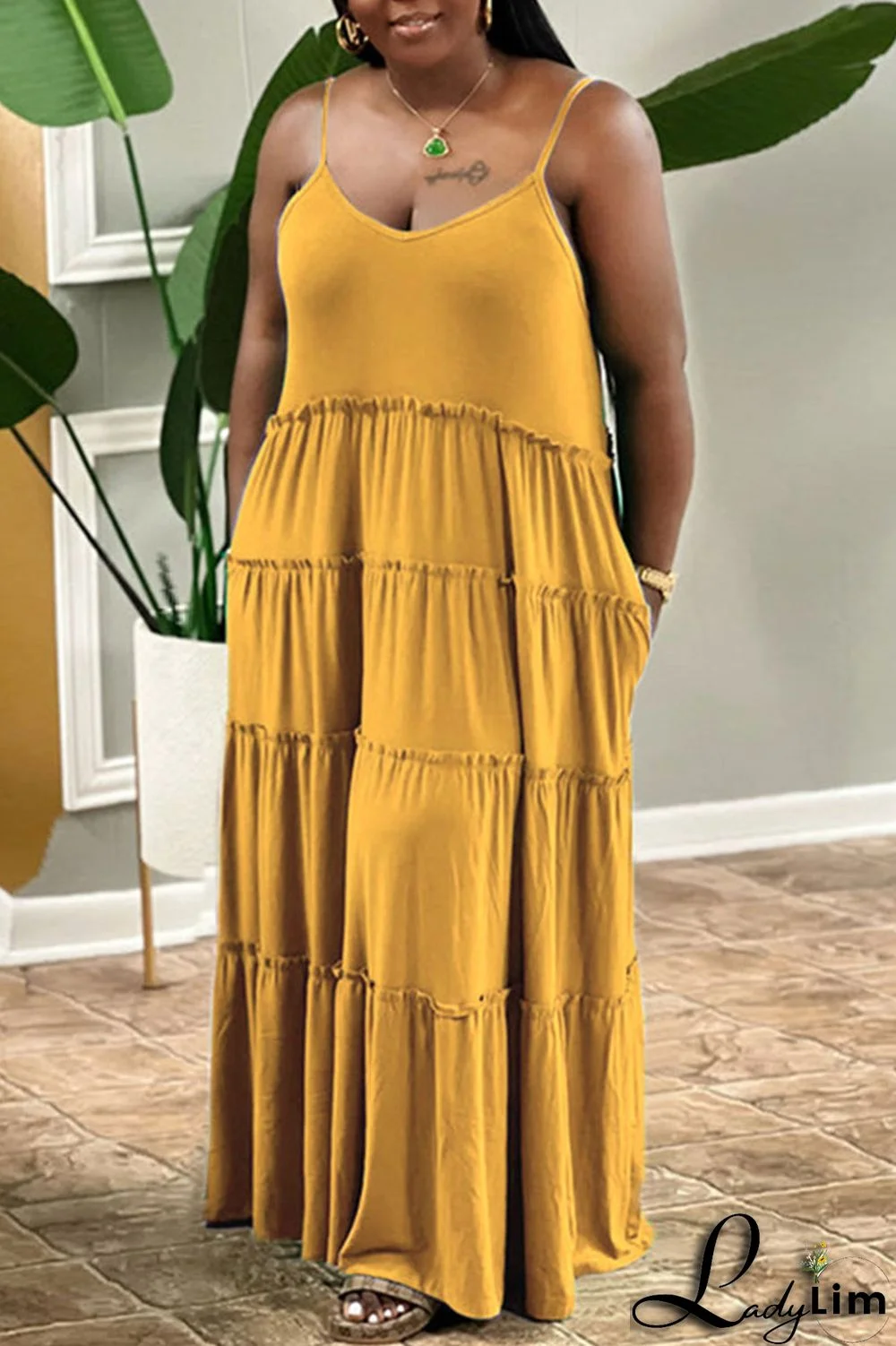 Yellow Casual Solid Patchwork Pearl Spaghetti Strap Sling Dress Plus Size Dresses